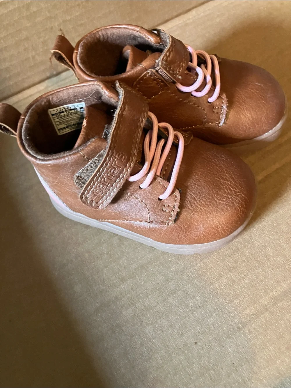 Carter's Brown Faux-Leather Toddler Boots with Pink Laces